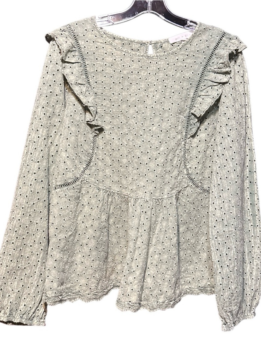 Eyelet Ruffle Peplum Blouse - Light Sage